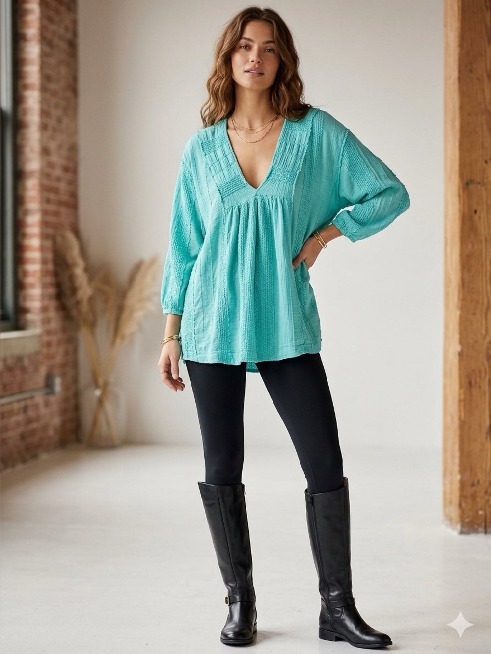 Free People Textured V-Neck Tunic Top in Aqua